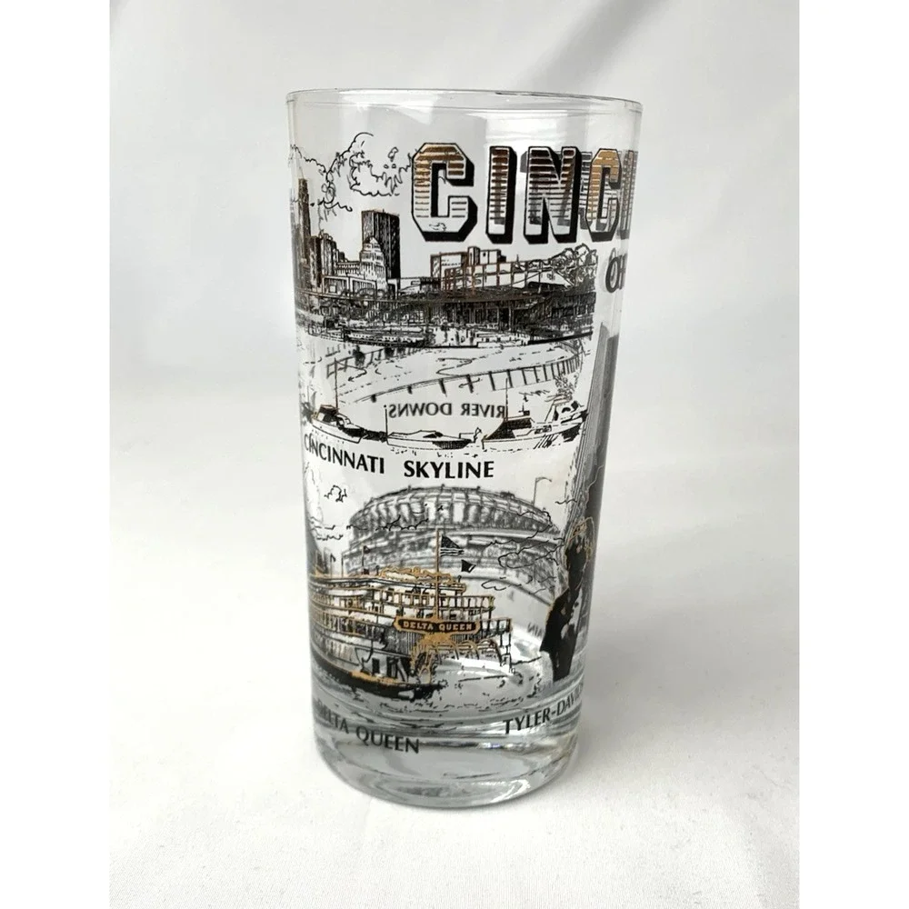 Cincinnati‎ Ohio Highball Tumbler Glass Vintage Landmarks MCM Black Gold Barware